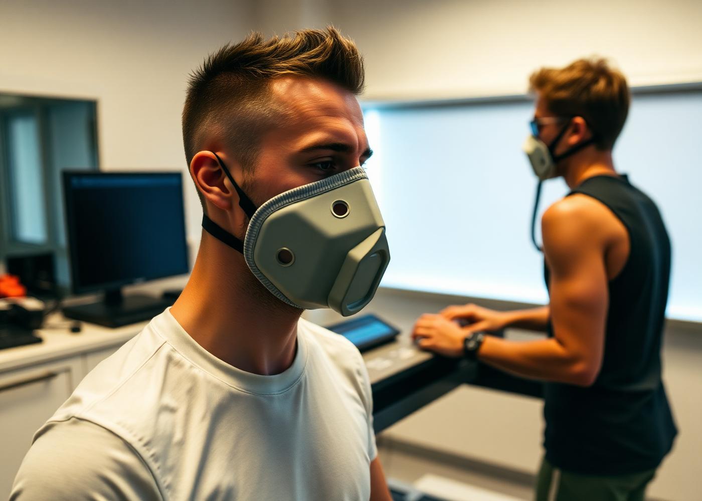Athlete completing a laboratory VO2 max test wearing a gas analysis mask
