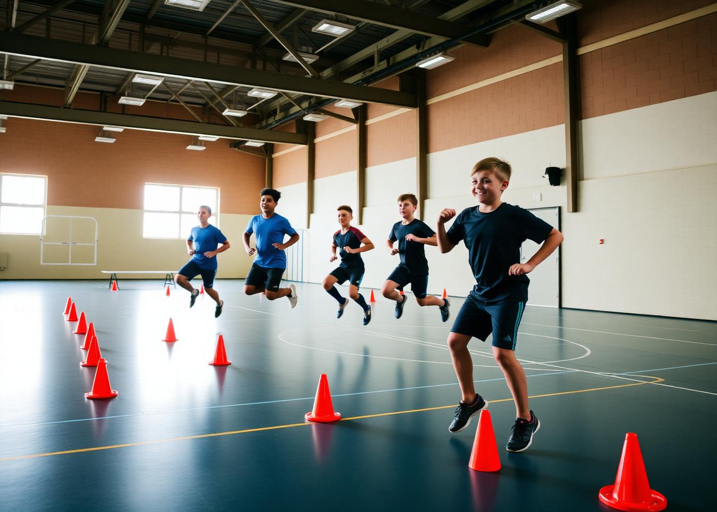 Students performing an agility and jump test in a sports hall