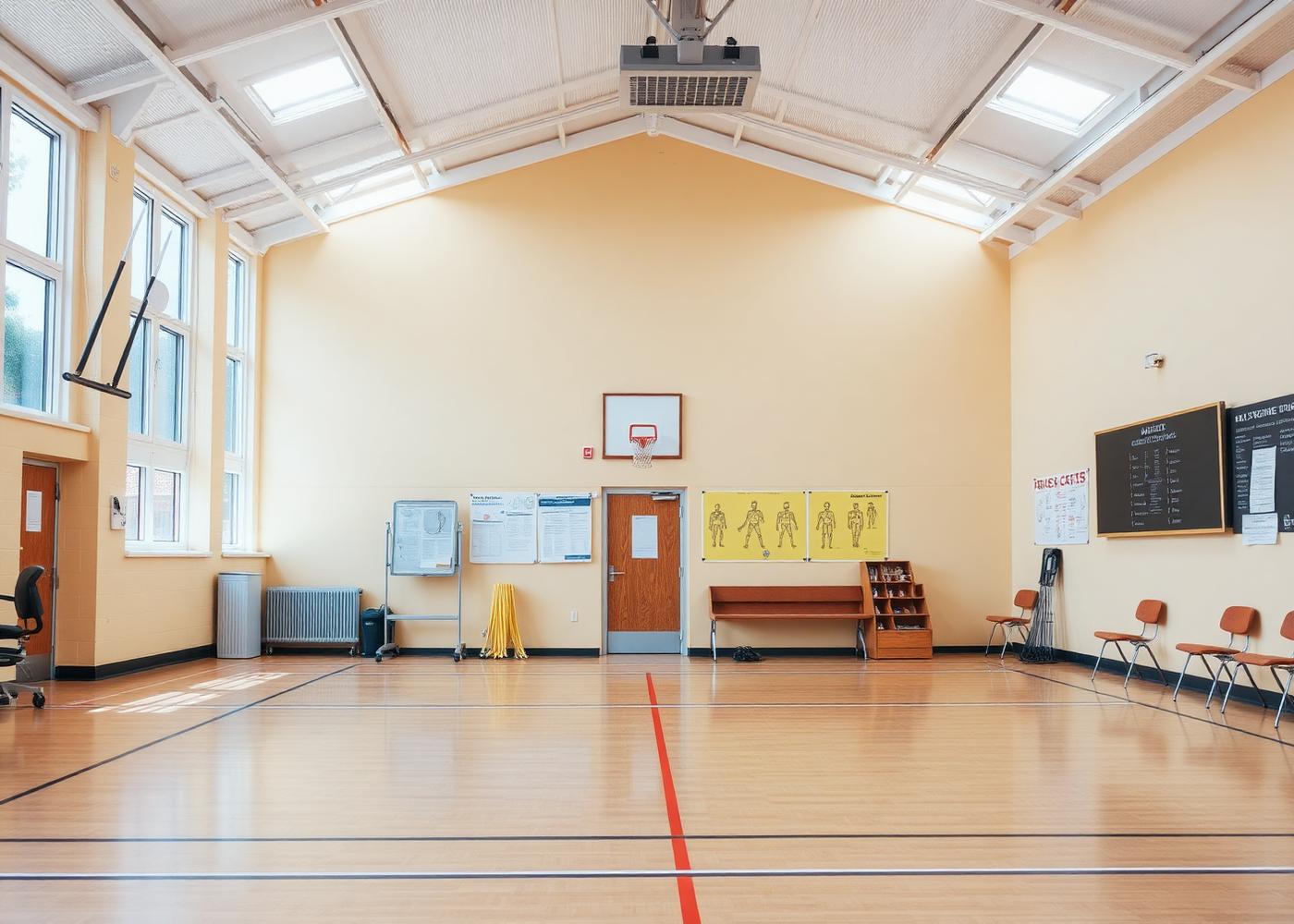 School sports hall with equipment and charts